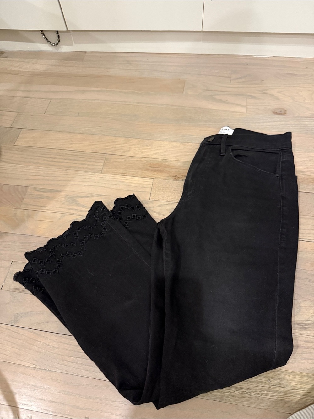 Frame Denim Black Flare Jeans with Scalloped Lace Hem